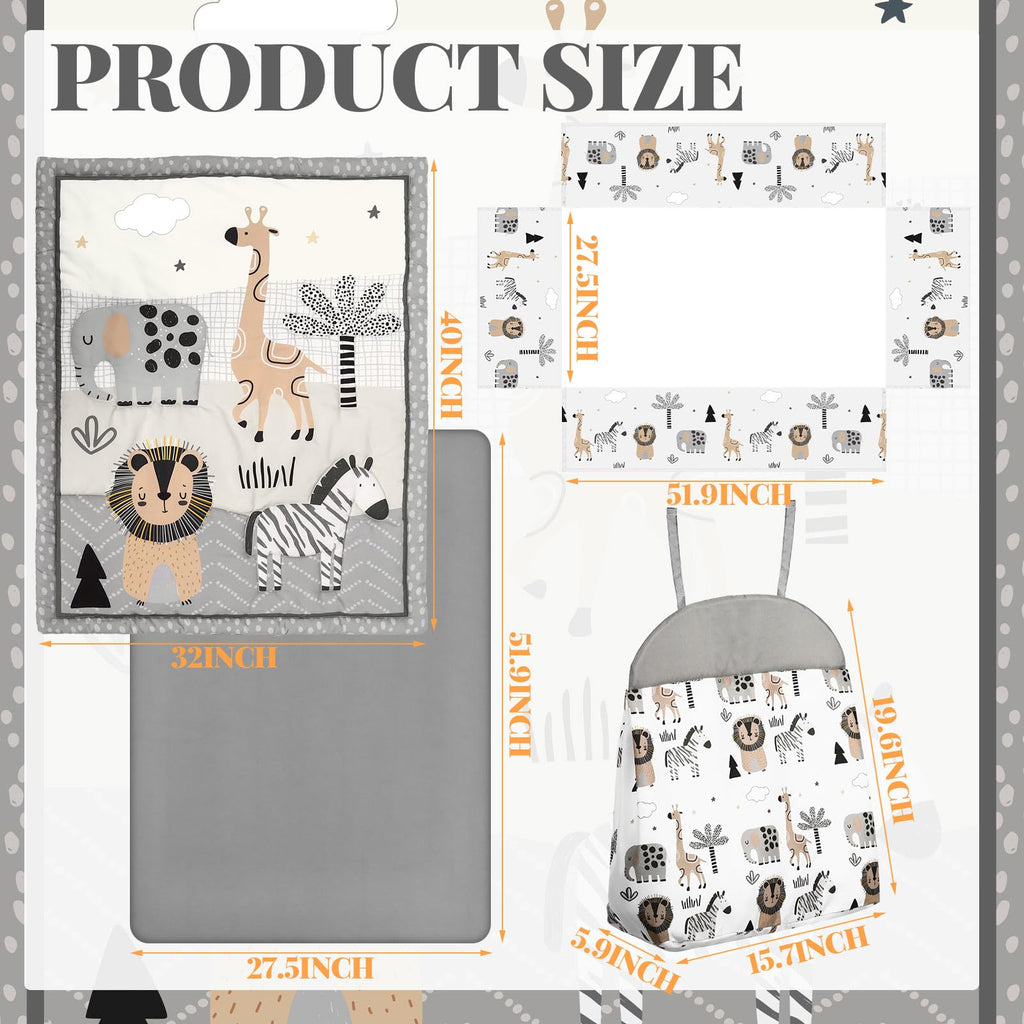 4 Piece Safari Animal Crib Bedding Set with Skirt Blanket Sheet