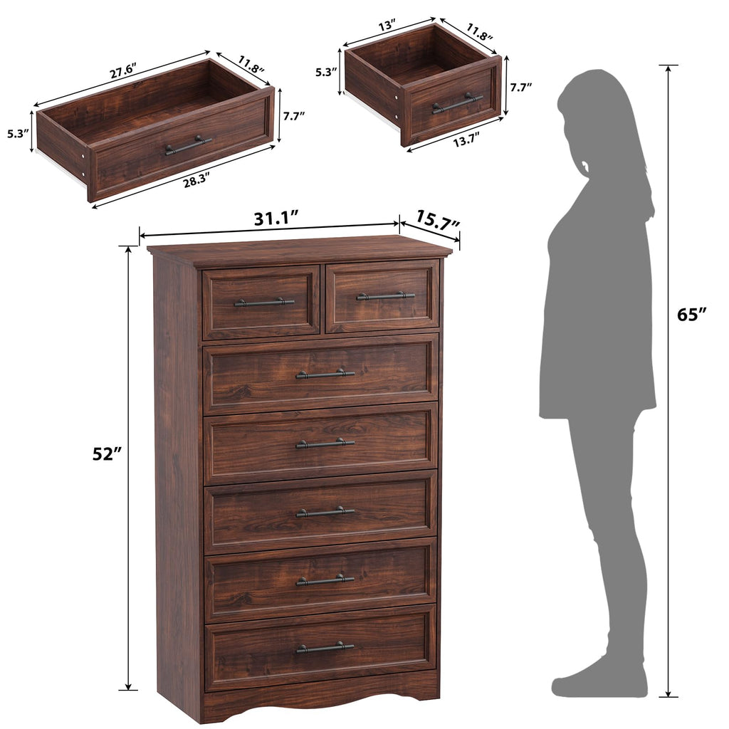 Walnut 7-Drawer Dresser, 52" Tall Chest of Drawers