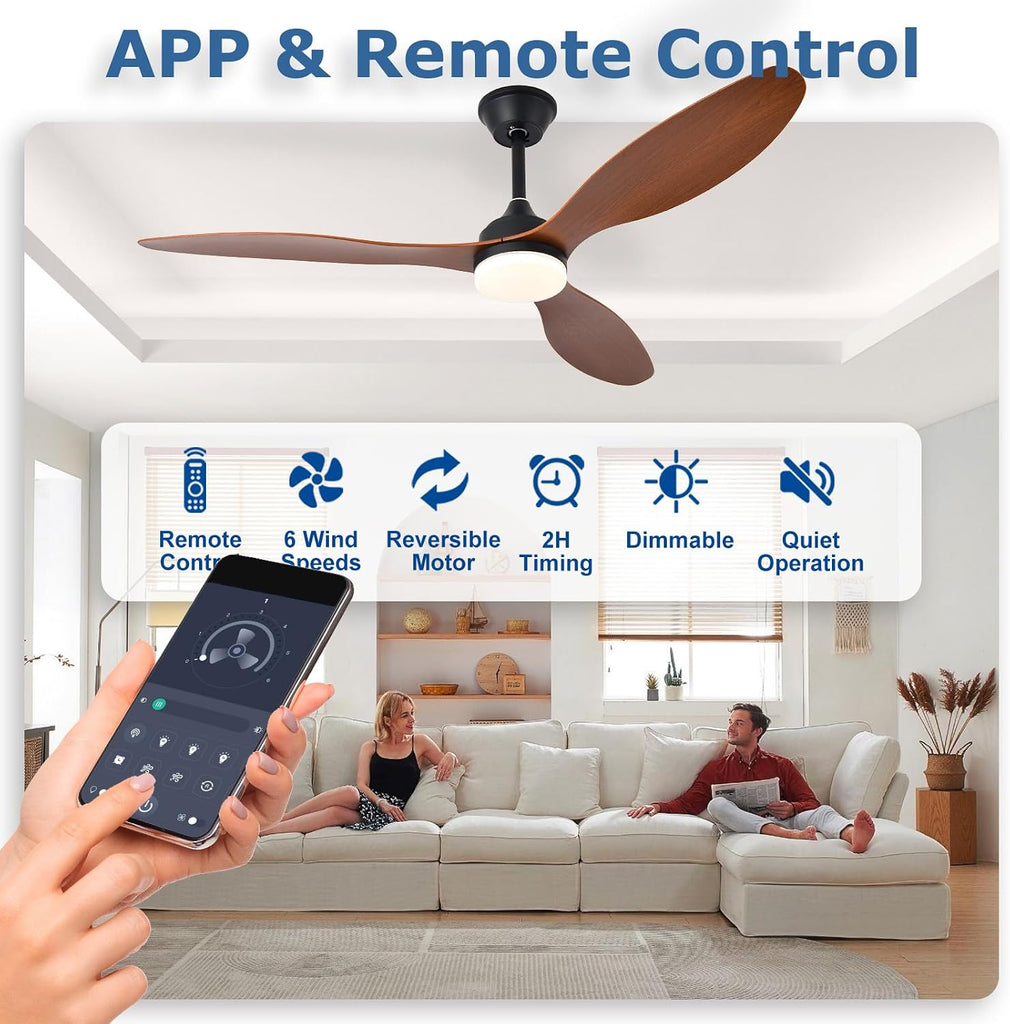 Ceiling Fan with Lights and Remote: 52" Walnut Quiet Dimmable Fan