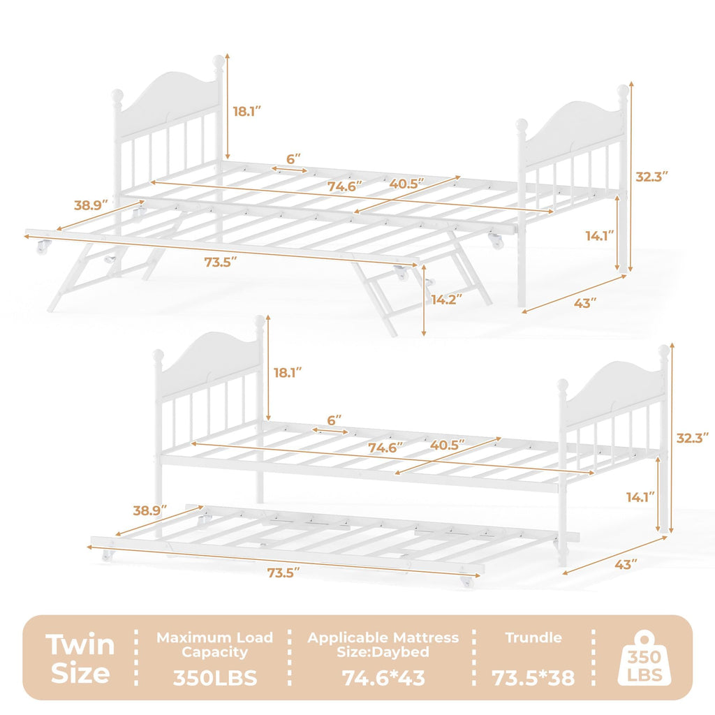 Daybed with Trundle, Metal Twin Size Day Bed with Stylish Headboard, Sofa BedFrame with Pop Up Foldable Trundle Bed