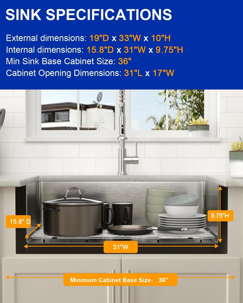 33 Inch Undermount Kitchen Sink, Single Bowl Workstation 16 Gauge 304 Stainless Steel Sink, Handmade Under Counter