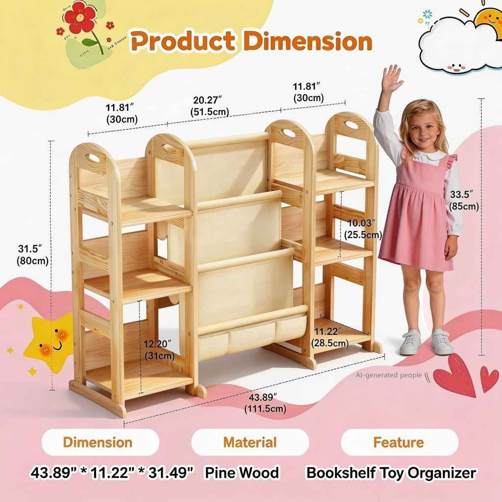 Kids Bookshelf and Toy Storage Organizer, Wood Book Shelf for Kids Rooms | Book Rack for Kids Room, Nursery