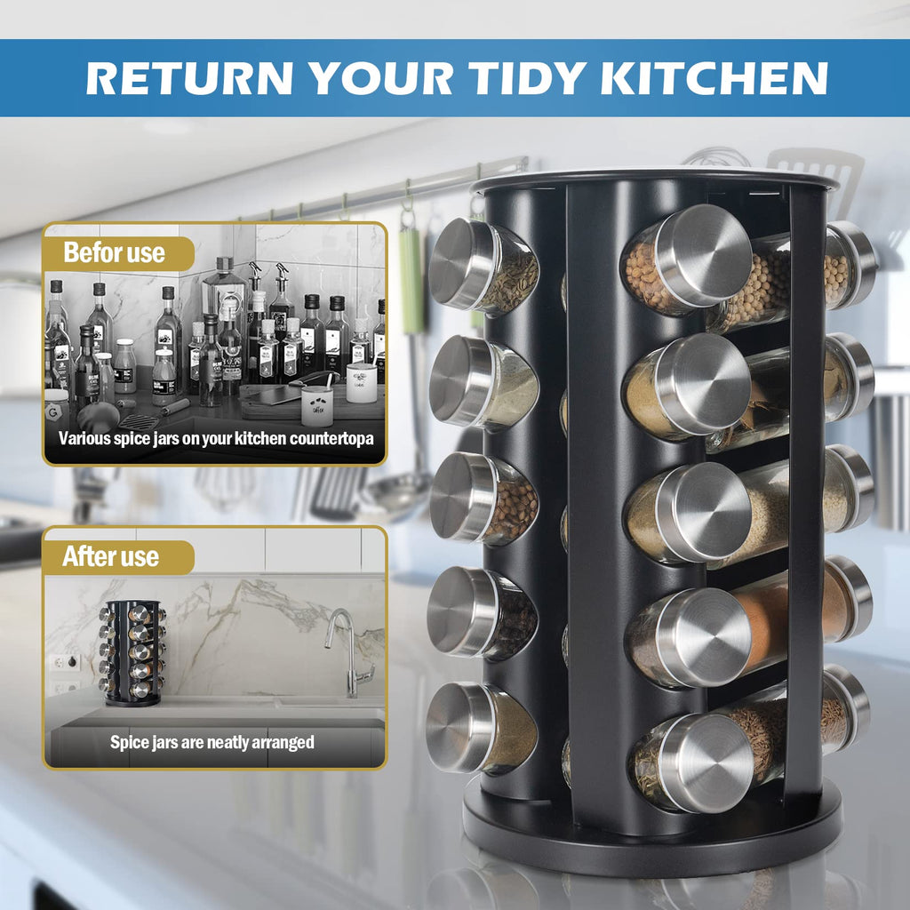 Black Countertop Revolving Spice Rack, Empty 20-Jars Rotating Spice Rack Organizer, Round Carousel Tower, 135 Spice