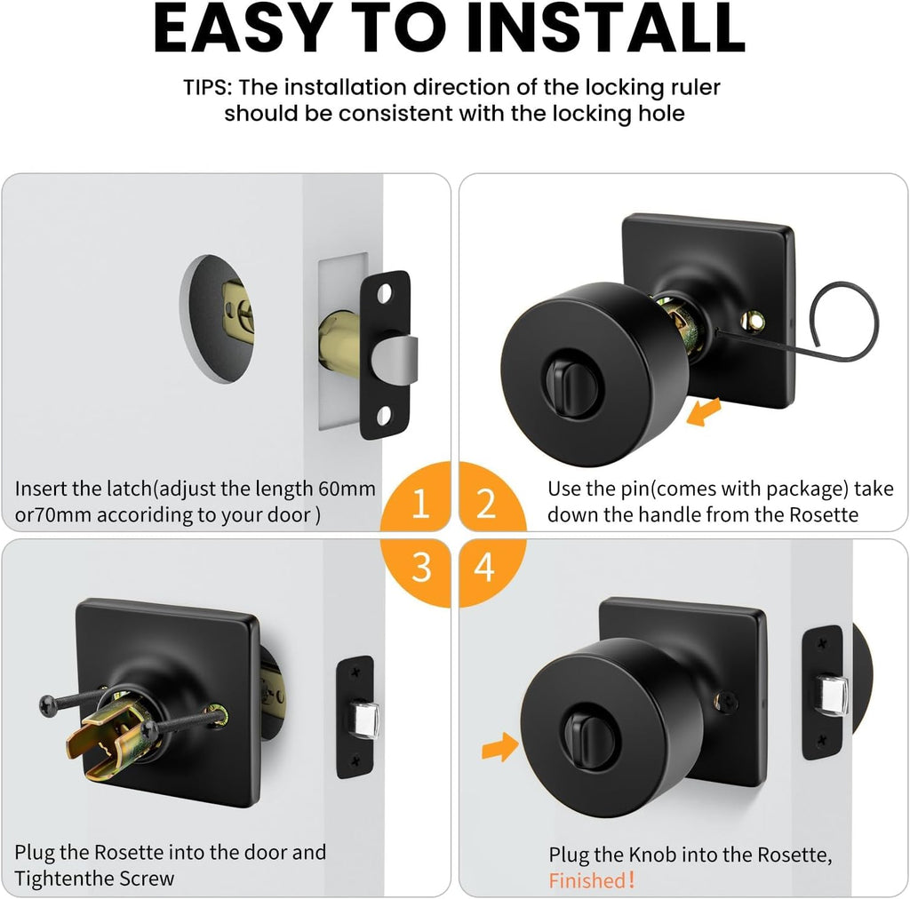 Matte Black Door Knobs Interior, Privacy Bedroom Door Knob with Lock, Black Interior Door Knobs Bathroom 4 Pack