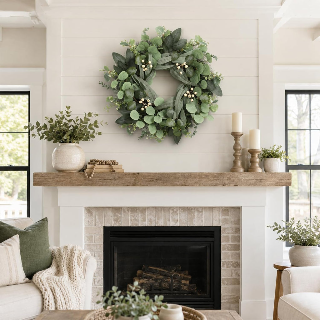 24 Inch Eucalyptus Wreath for Front Door, Artificial Greenery Wreath with White Berries, Green Door Decor Outdoor
