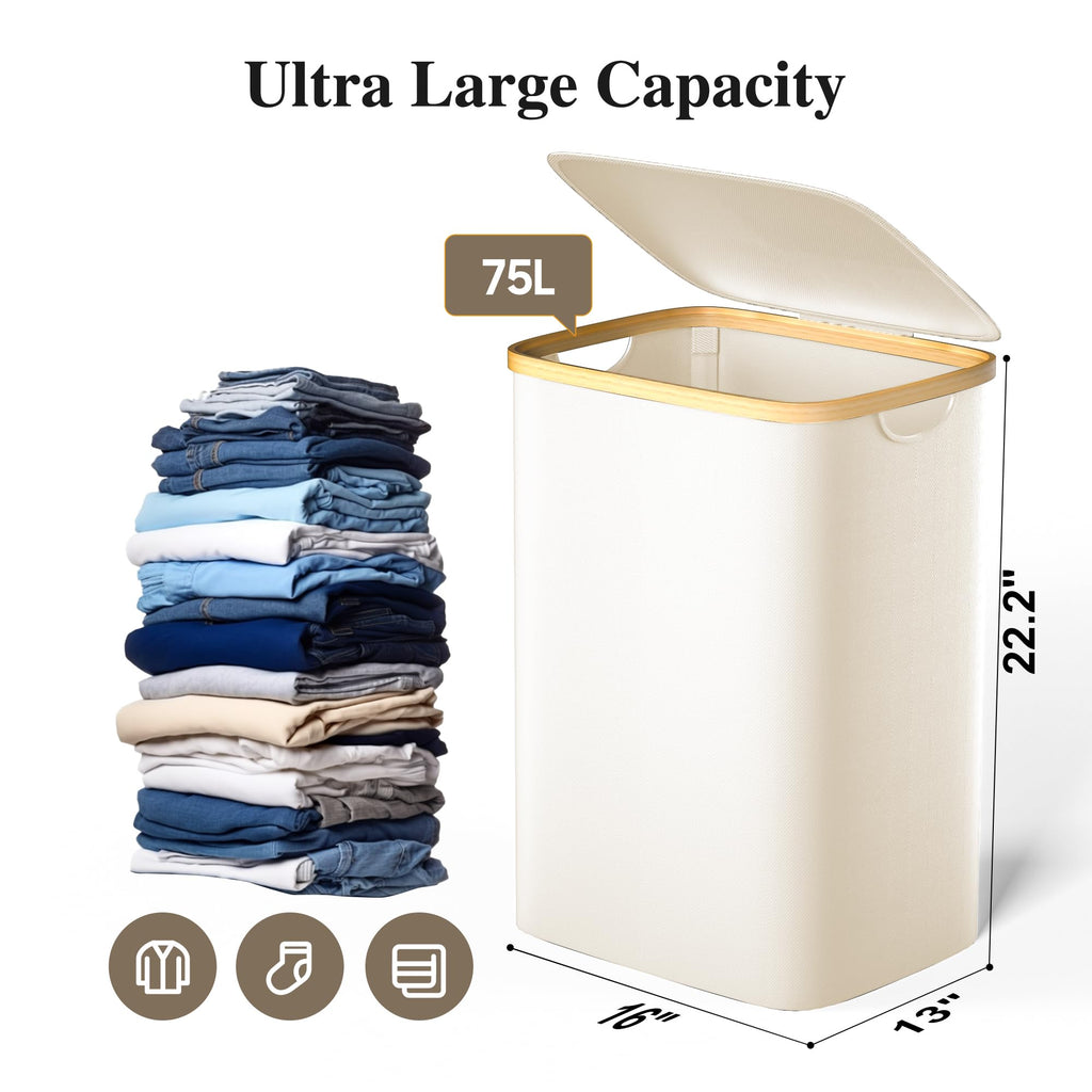 Large Laundry Hamper, 75L Waterproof Laundry Basket with Lid and Removable Bag, Collapsible Tall Clothes Hamper with