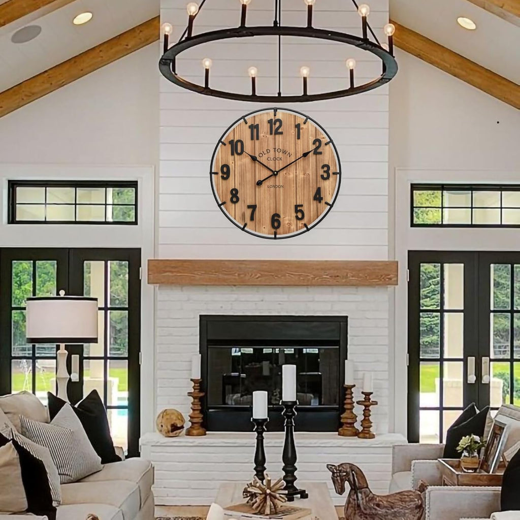 Large Old Town Farmhouse Wall Clock 24 Inch Rustic Antique Wood with Metal Circle and Large Numerals Silent Battery