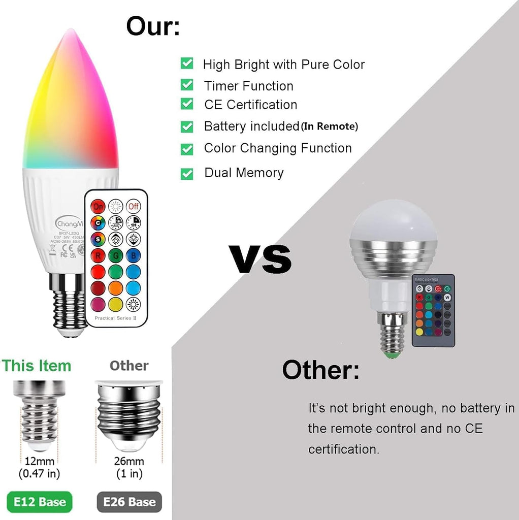 E12 LED Candelabra Light Bulbs 5W, Set of 6 Color Changing Candle Bulbs,Small Base B11 40W Incandescent Equivalent