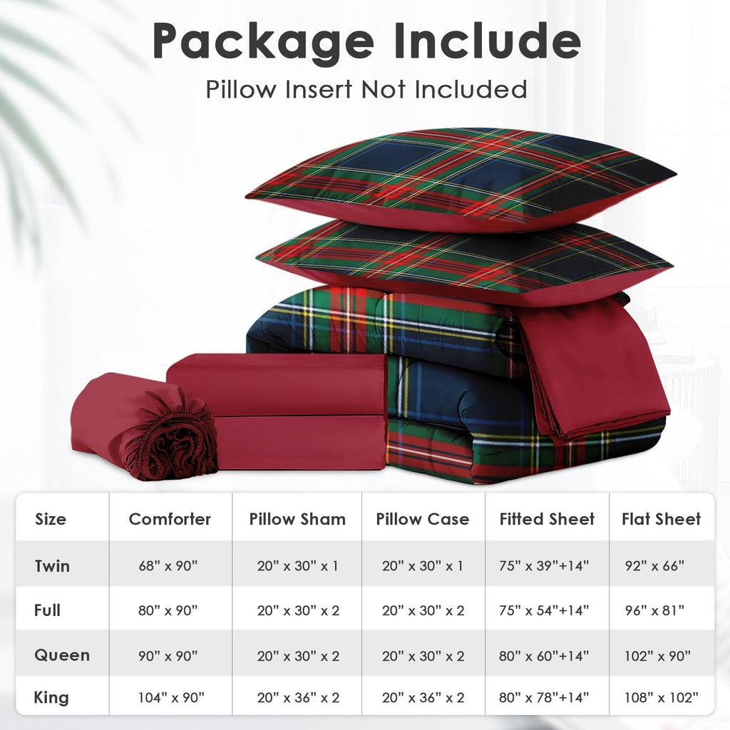 Comforter Set with Sheets, 7 Pieces Tartan Plaid Bedding
