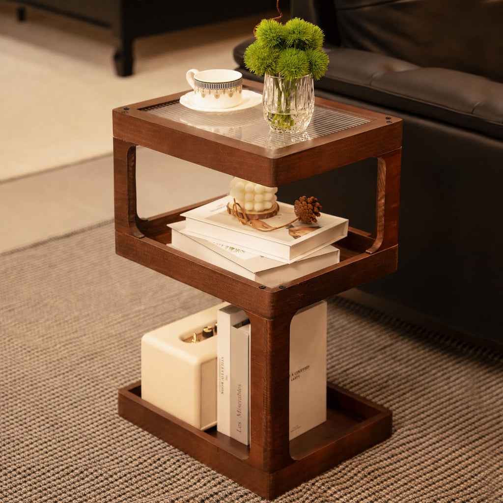 Solid Wood Side Table, 3 Tier Small End Table, Brown Accent Table