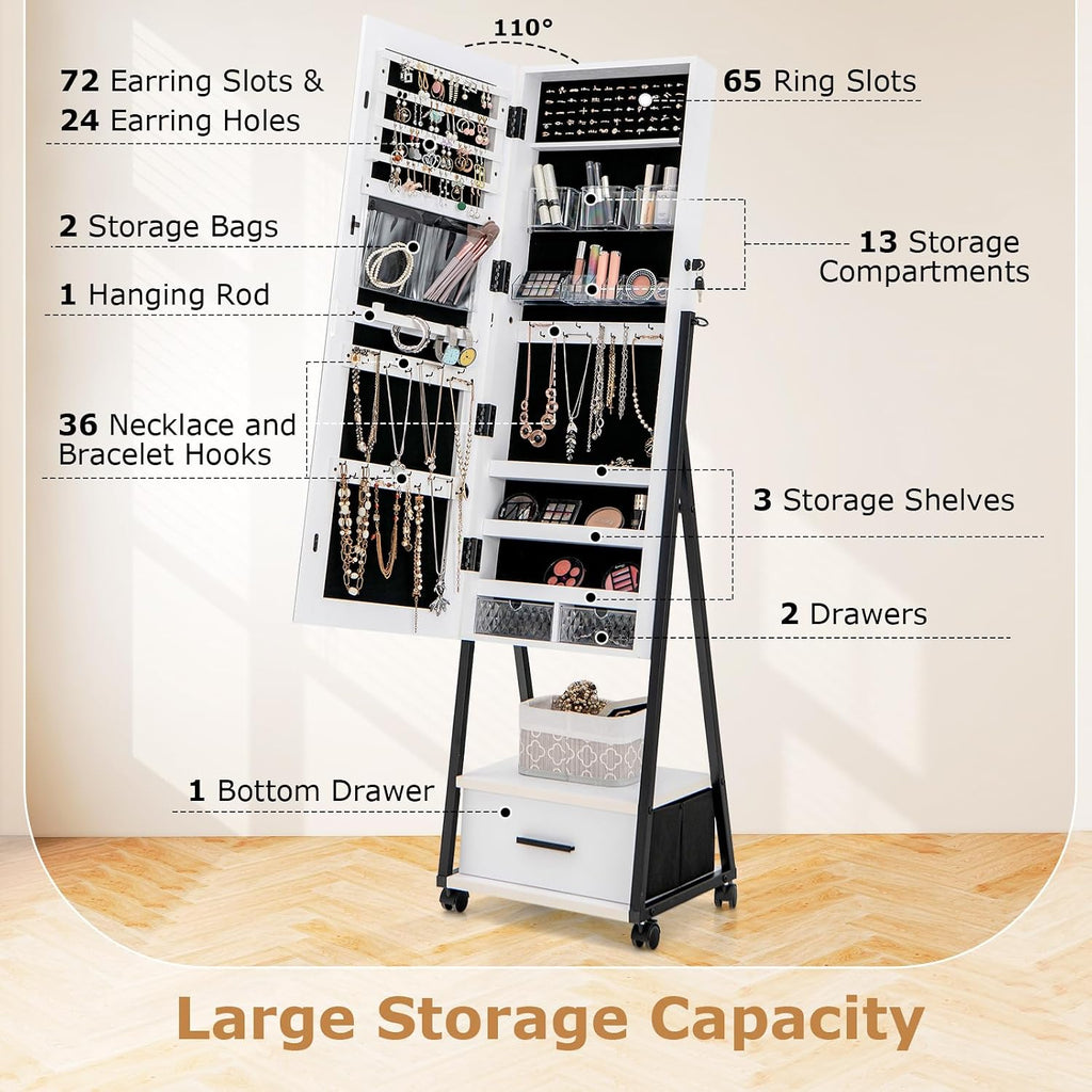 Rolling Jewelry Armoire Cabinet, Full Length Mirror with Storage, Floor Standing Lockable Jewelry Cabinet