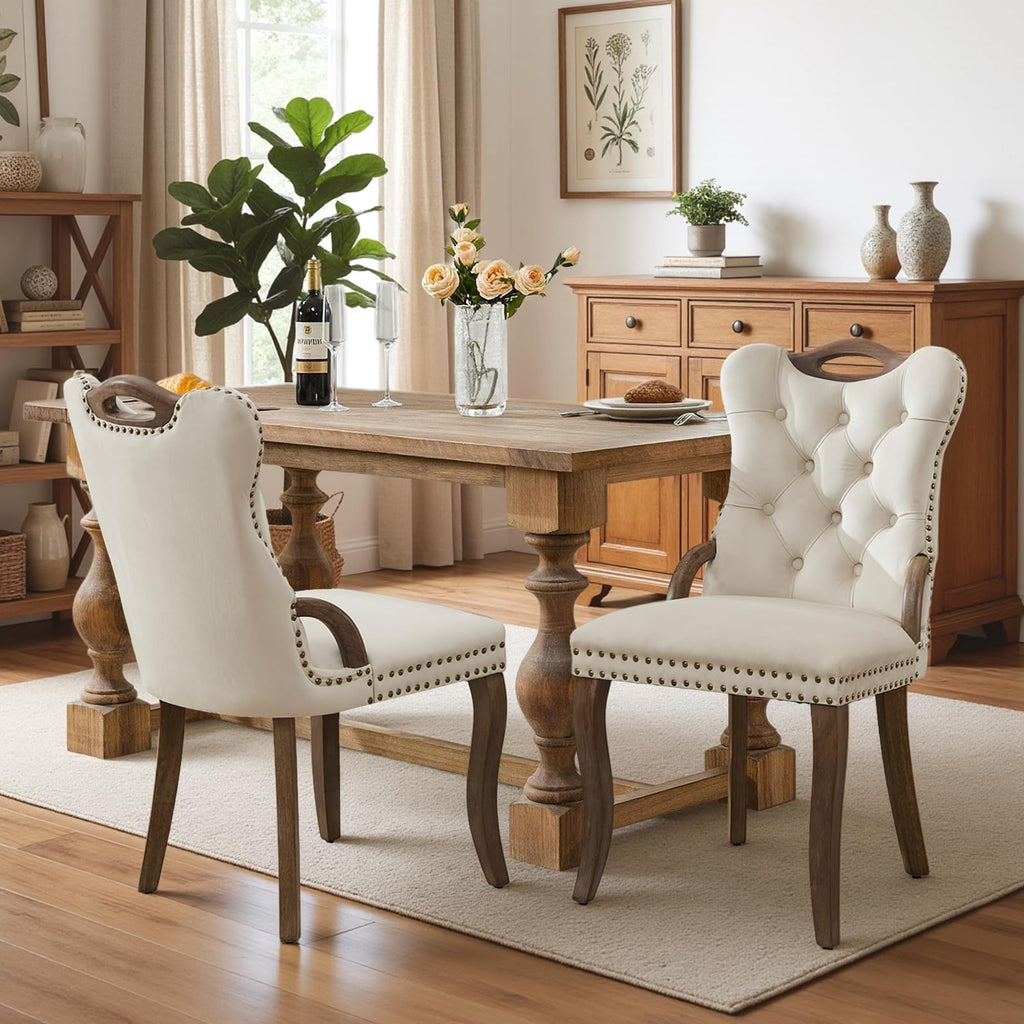 Velvet Dining Chair Set of 2, Solid Wood Handles, Upholstered Tufted Dining Room Chair with Nailhead Trim (Beige)