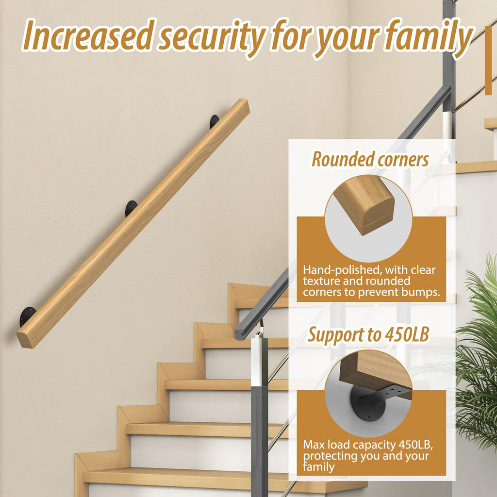 8FT Wooden Stair Handrails Indoor Outdoor Wall Mount