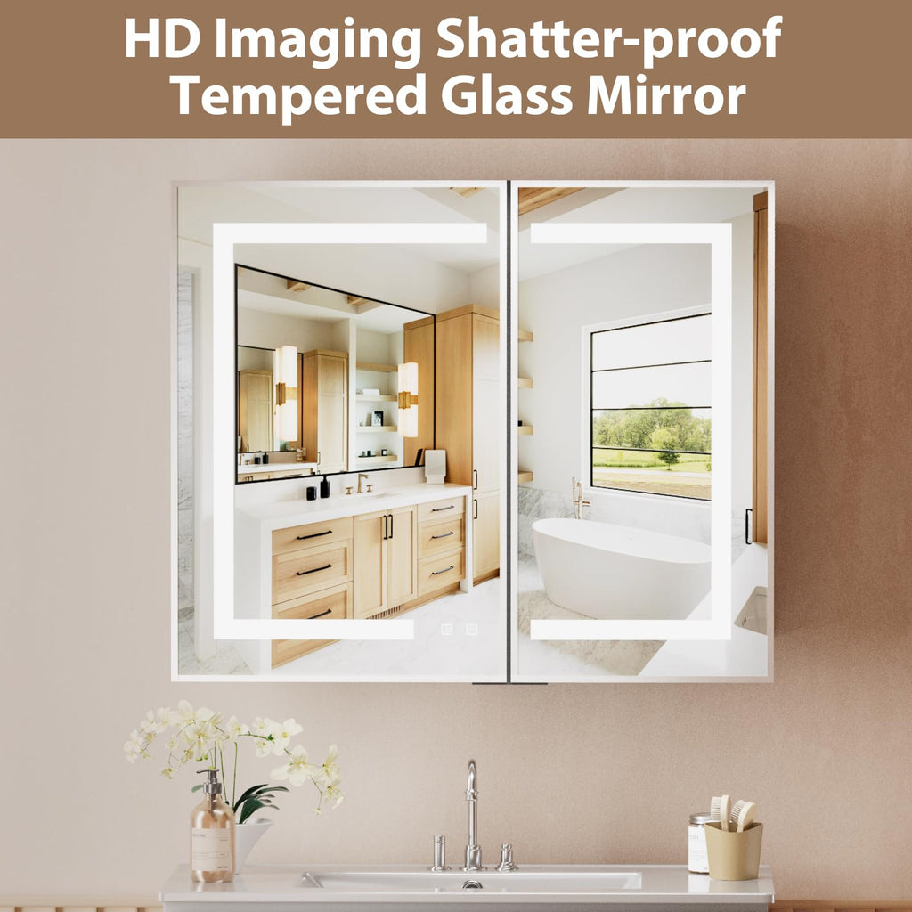 Led Medicine Cabinet with Mirror, Bathroom Vanity Mirror Cabinet with Shelves, 3-Color Lights Dimmer (Silver, 30" H x