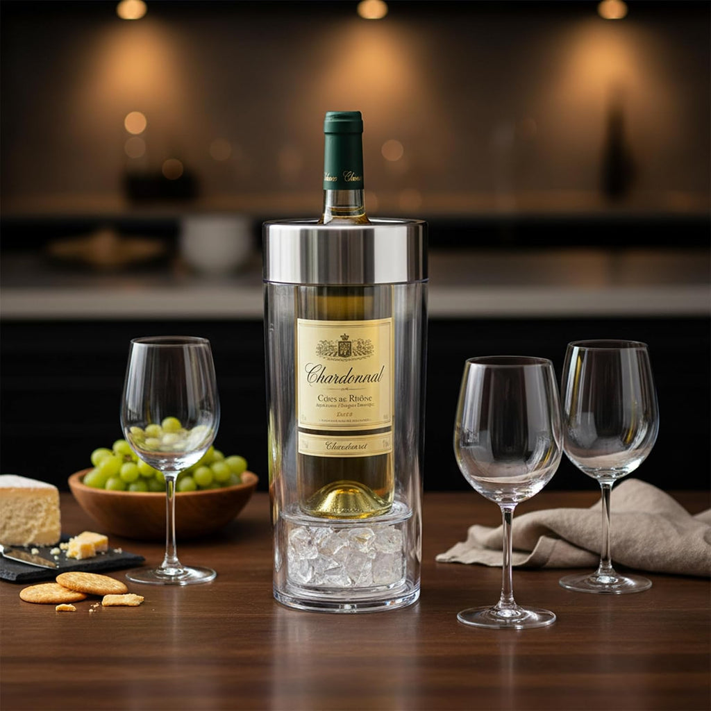VinoChill - Acrylic Double-Wall Wine Chiller with Ice Chamber, Clear Plastic Insulated Champagne Bucket with Enhanced