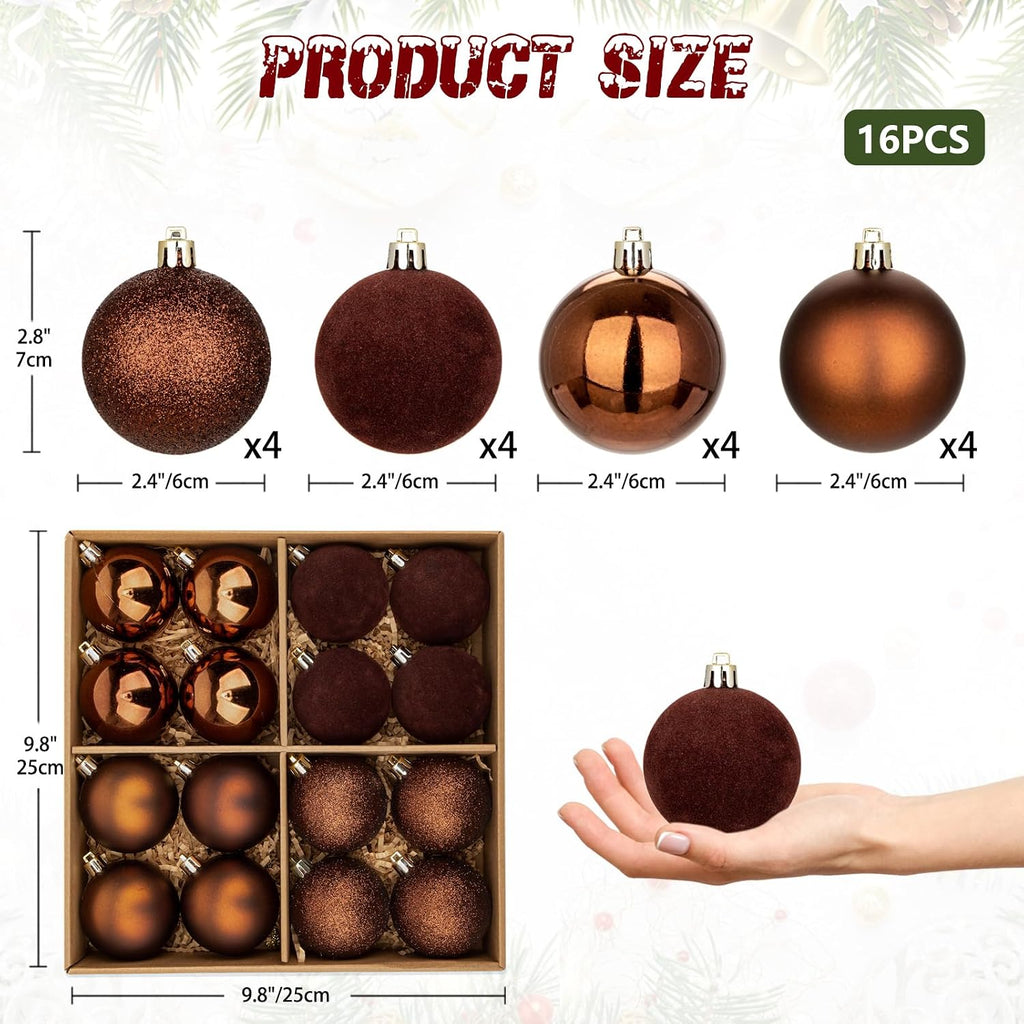 Christmas Ornaments Brown Balls Christmas Decorations Xmas Tree Shatterproof Champagne Velvet Ball Ornaments - Set of 16