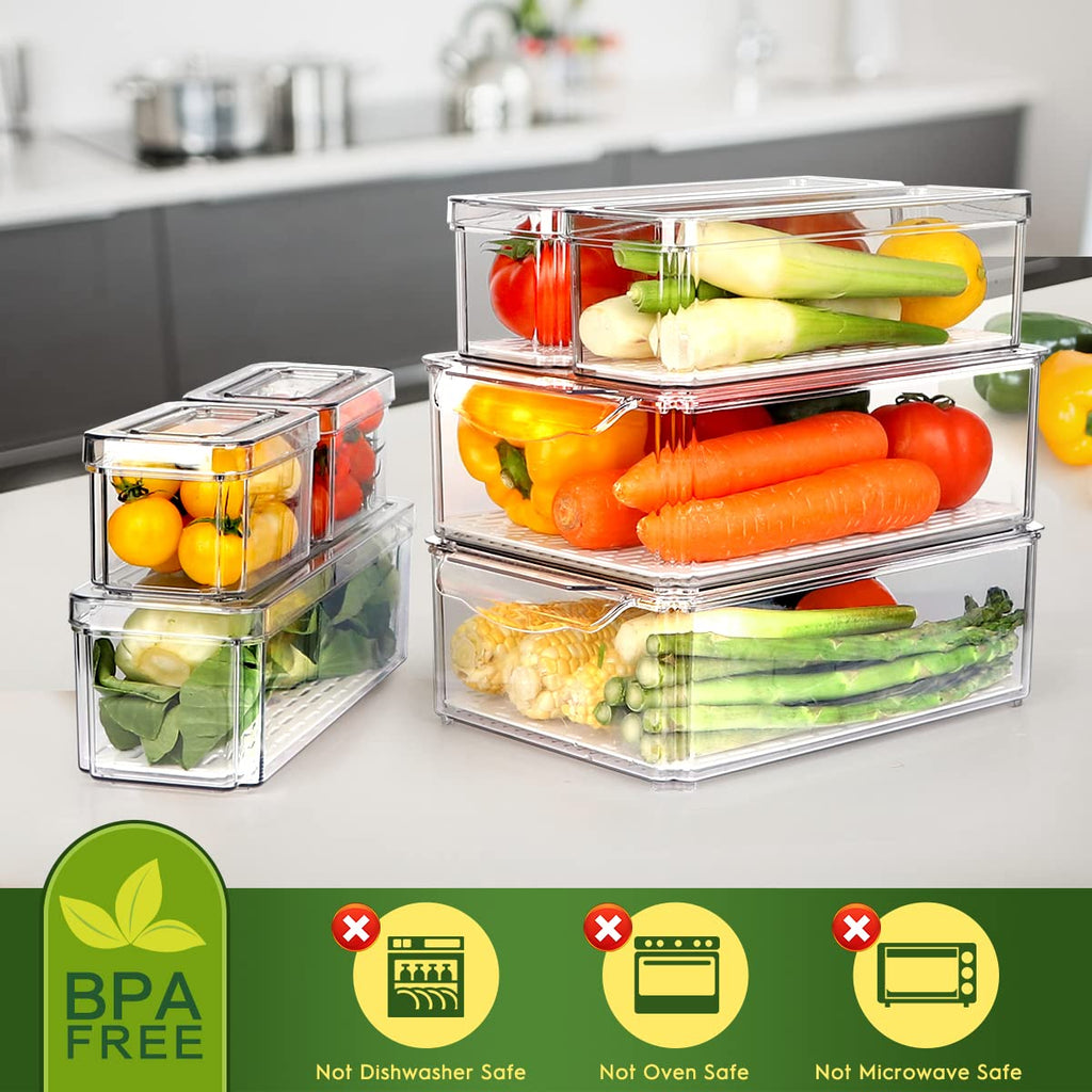 14 Pack Fridge Organizer Bins with Lids, Stackable Clear Storage