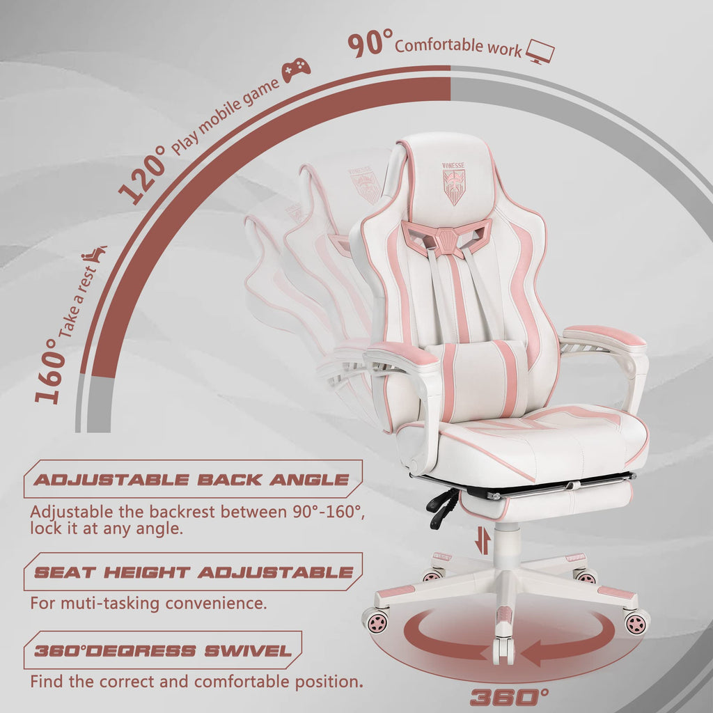 Gaming Chair for Girls, Pink Computer Gaming Chairs for Adults, Reclining Gamer Chair with Footrest with Massage