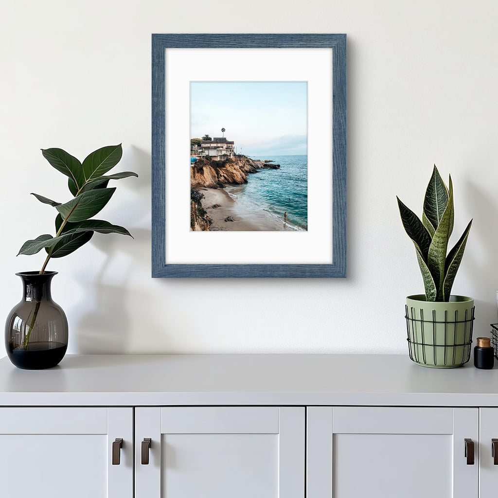 11x14 Frame with Mat for 8x10, Real Glass, Blue