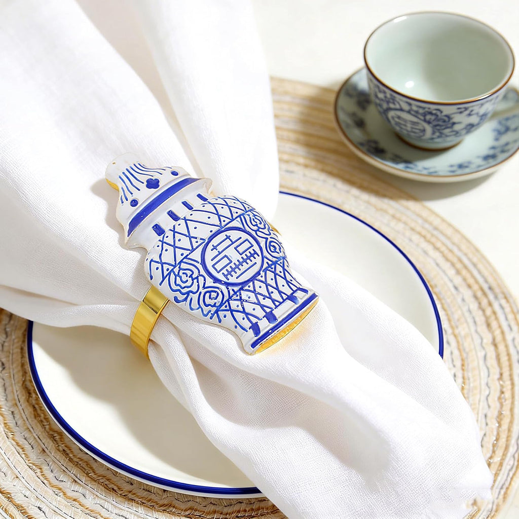 Blue White Porcelain Napkin Rings Vintage Chinoiserie Napkin Ring for Asian Christmas New Year Party - Set of 6