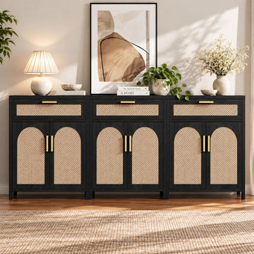 Rattan Buffet Cabinet with Storage Set of 3, Sideboard Cabinet with Doors and Shelves, Accent Coffee Bar with