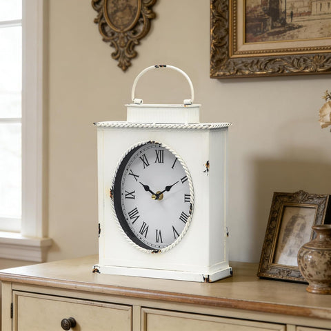 MODE HOME Vintage Mantel Clock, Large Rustic Distressed Metal Table Clock with Handle