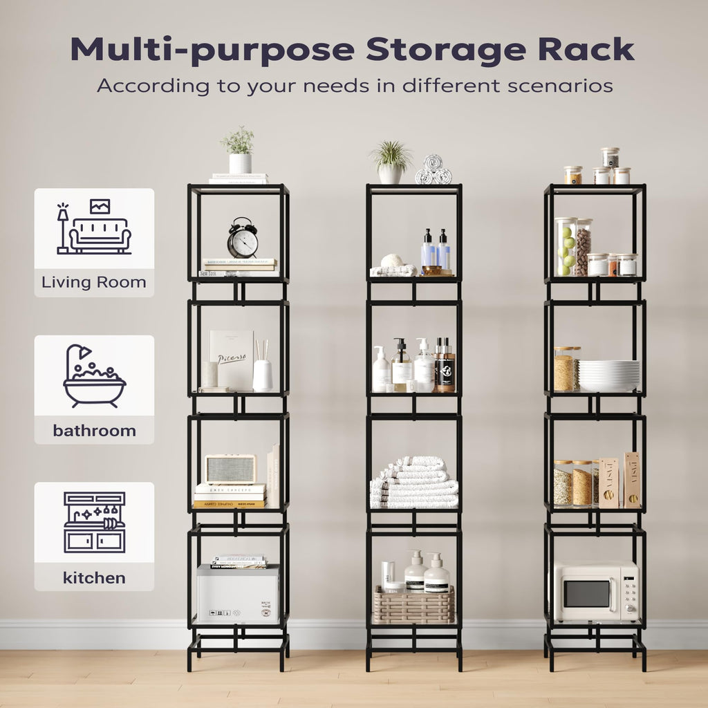 4 Cube Glass Shelf, 4-Tier Bookshelf, Display Shelf Rack, Metal Storage Rack with Tempered Glass, Modern Style, Black