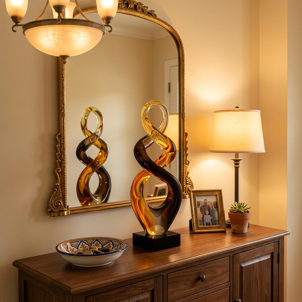 Hand Blown Murano Style Glass Sculpture - Abstract Twist Infinity Modern Home Decor, Amber & Smoky Glass Art - 13