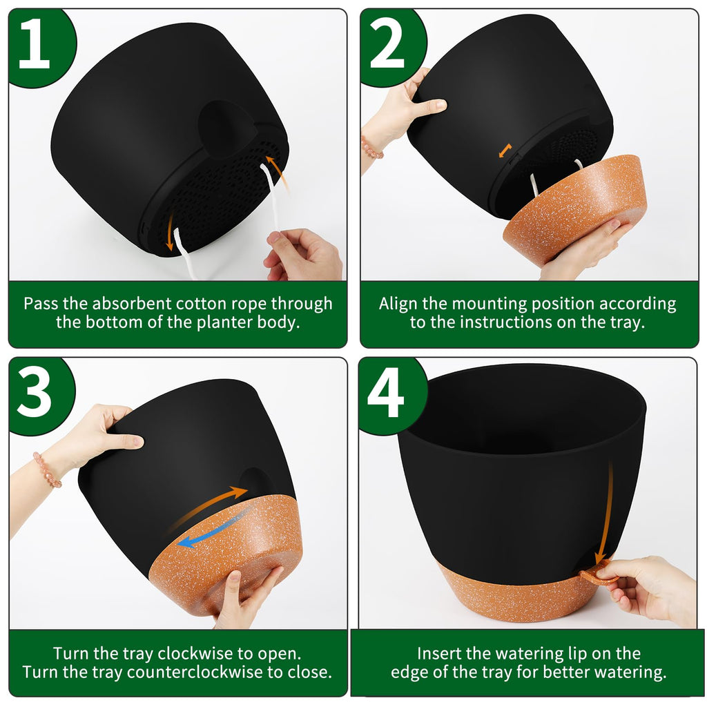 12 Inch Self Watering Planters, 2 Pack, Black