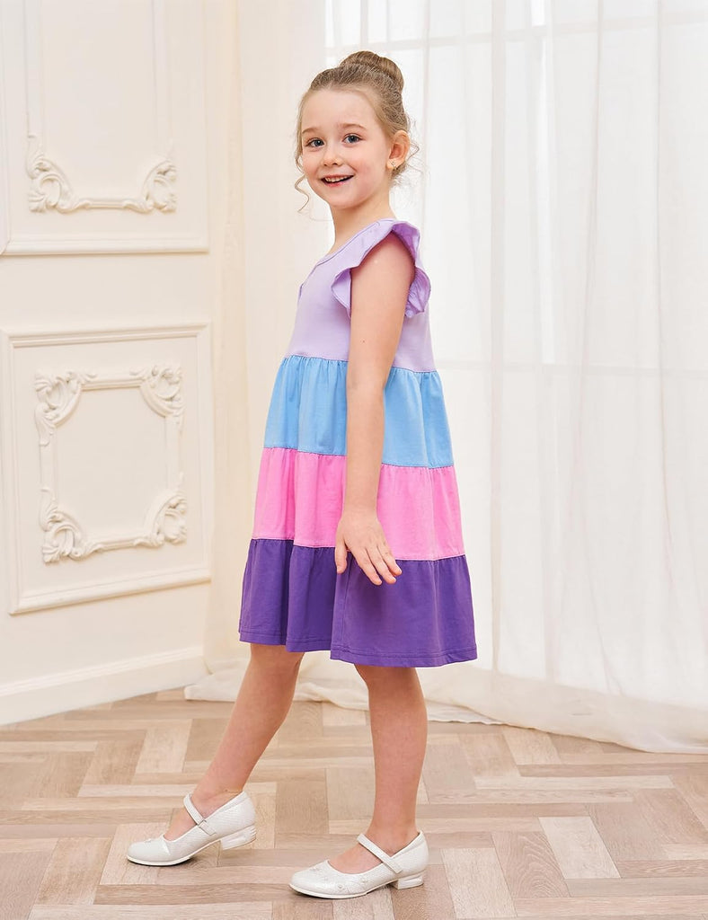 Girl's Dresses Cotton Ruffle Sleeve Tiered Swing A-Line Cute Midi Casual Sundress