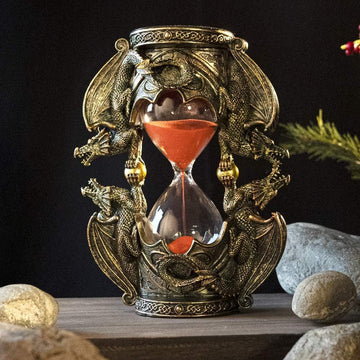 Gothic Fantasy Double Twin Dragons Sandtimer Red Sand Hourglass Sculptural Decor 7.4 inches Tall