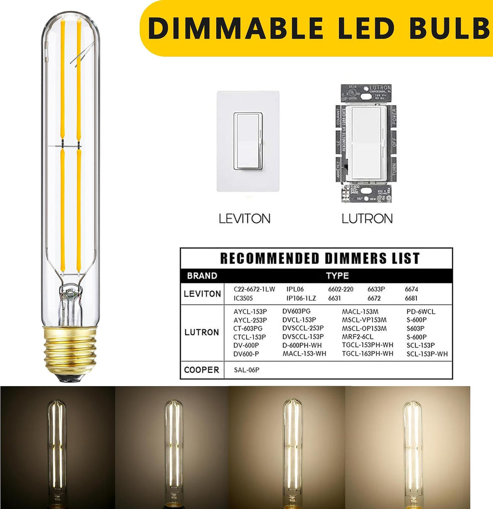 Dimmable E26 Tubular Light Bulb 60W Long Edison Bulb, T10 Led Bulb 3000K