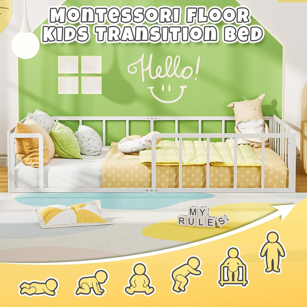 Full Floor Bed for Kids Metal Montessori Bed Frame Playroom Bedroom | Features a slatless, 360° fully enclosed metal