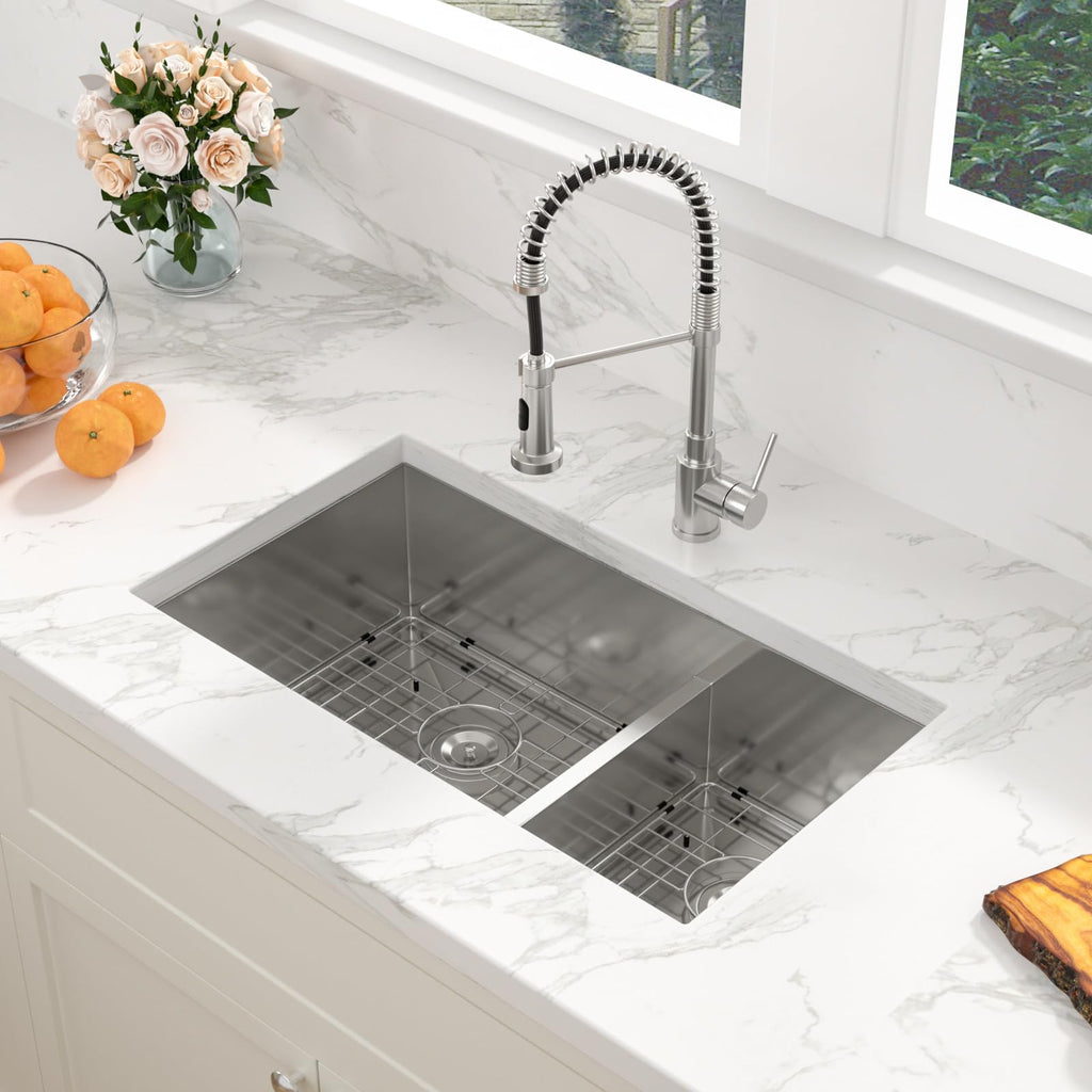 36 Undermount Kitchen Sink - 36" x 19" Undermount Double Bowl Sink 60/40 Low Divide Stainless Steel 16 Gauge Under