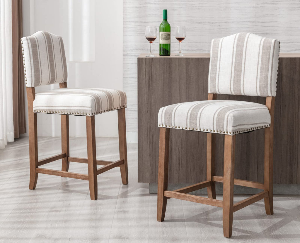 Farmhouse Bar Stools Set of 2 Counter Height Kitchen Barstools with Back Mid Century Modern Wooden Bar Chairs Linen