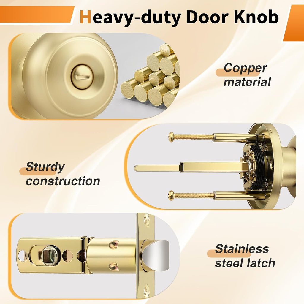 Brushed Brass Door Knobs Bathroom, Interior Door Knob with Round Ball, Gold Privacy Door Knob, 6 Pack