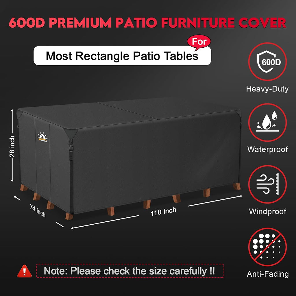 Patio Furniture Cover Rectangle - 110 Inch Outdoor Table Cover Waterproof & Heavy Duty, Large 600D Lawn Furniture