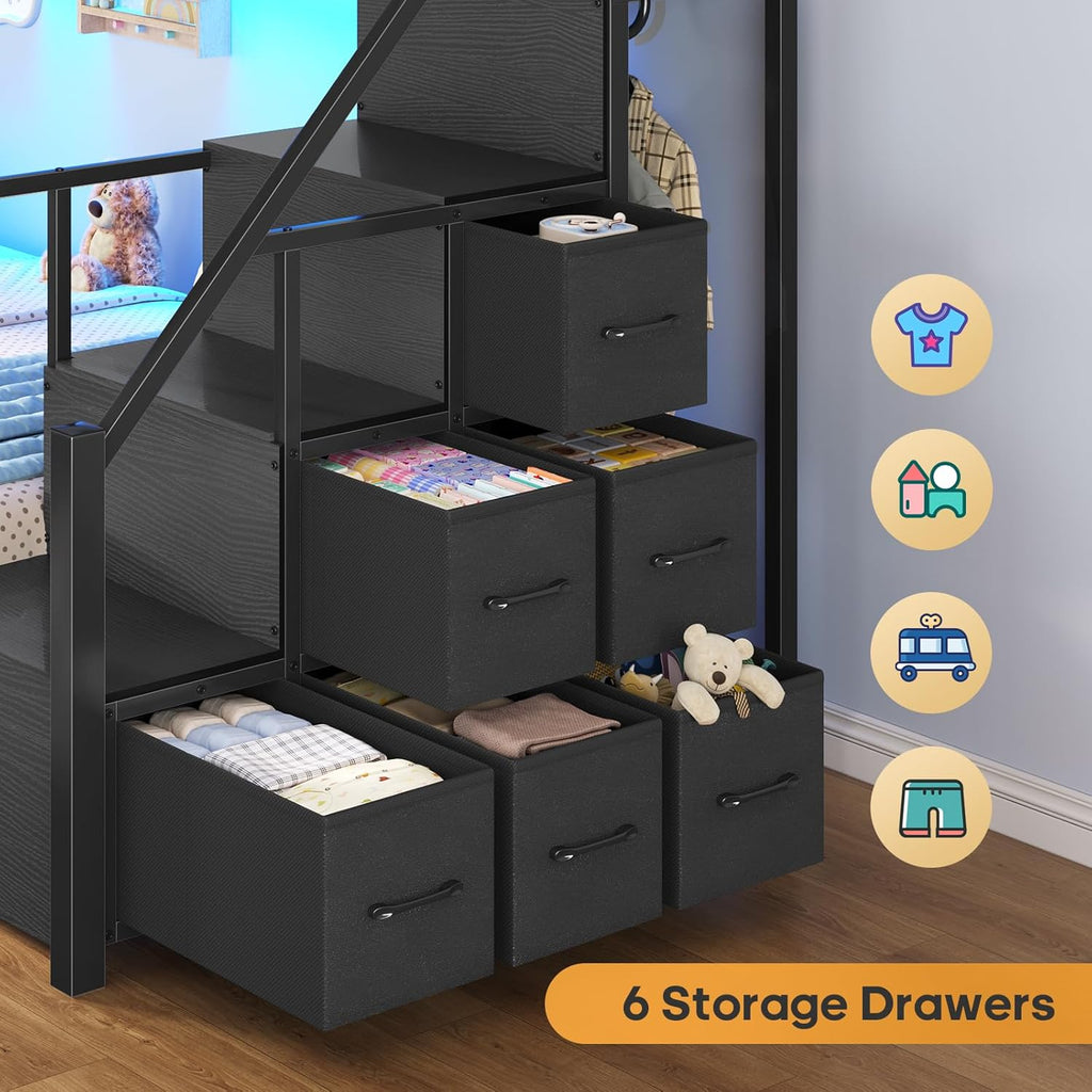 Bunk Bed Twin Over Twin with Stairs, LED Lights Twin Bunk Bed with 2 Storage Drawers & 6 Fabric Drawers