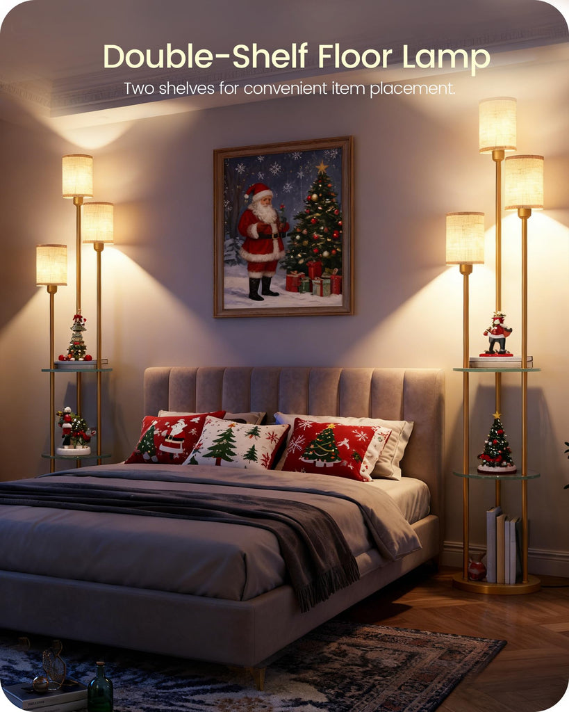 Floor Lamp with Shelves, Modern Floor Lamp with 3 Linen Shades and Foot Switch, 3-Light Standing Lamp, Study, Office