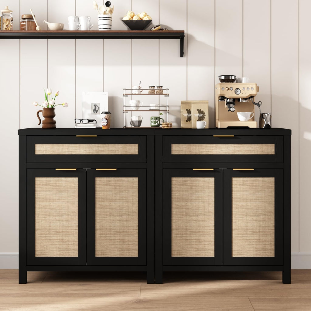 90" Rattan Sideboard Buffet Cabinet, Boho Storage Cabinet, 3PCS