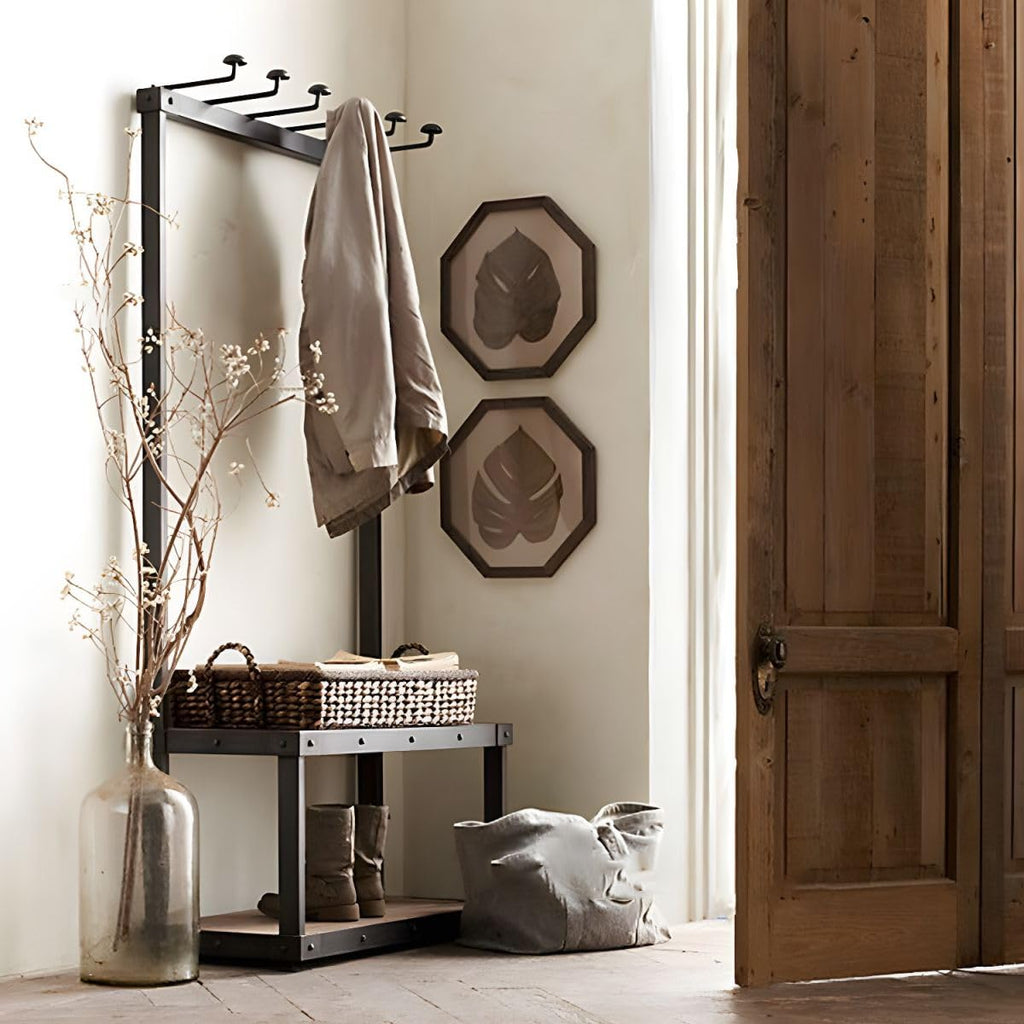 Industrial Coat Rack Shoe Bench with 7 Hooks Farmhouse Entryway Bench with Coat Rack Hallway Bench with Storage Shelf