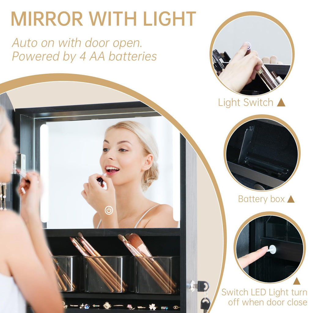 Arched Rotating Jewelry Cabinet with LED Lighted Full Length Mirror & Built-in LED Vanity Mirror, Lockable Standing