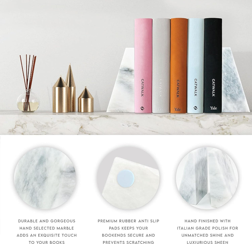 Polished Heavy Stone Marble 6" Book Ends for Bookshelf Decor, Home, Office or Kitchen Shelves. Heavy, Triangular, and
