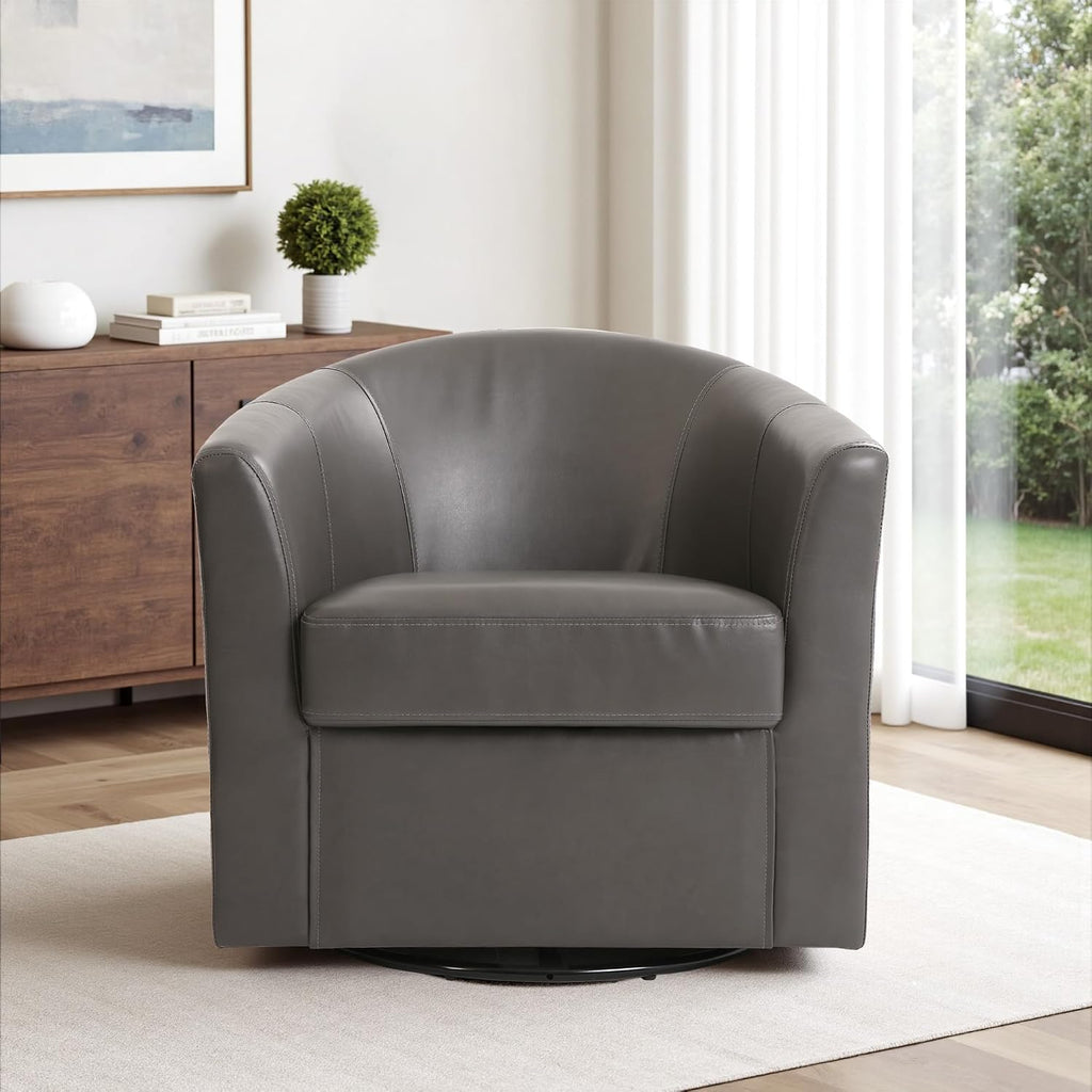 Faux Leather Swivel Accent Chair, Fully Assembled Barrel Chair, Gray