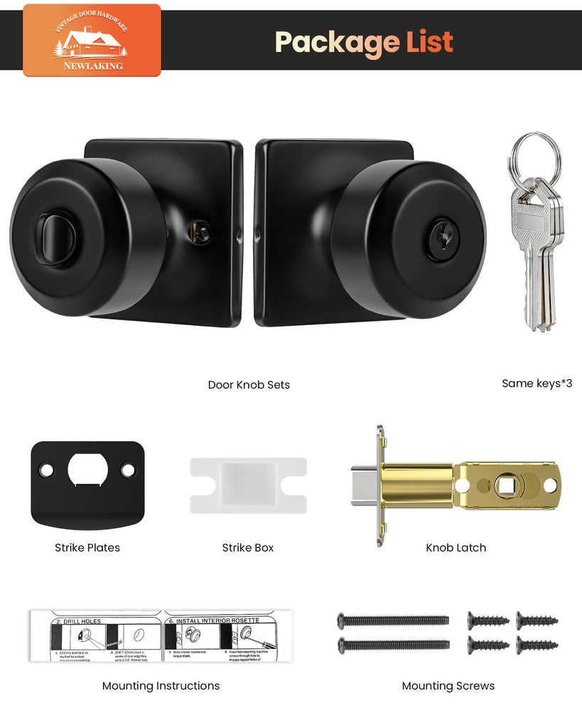 Keyed Alike Black Entry Door Knobs, DoorKnobs with Lock and Key, 1 Pack