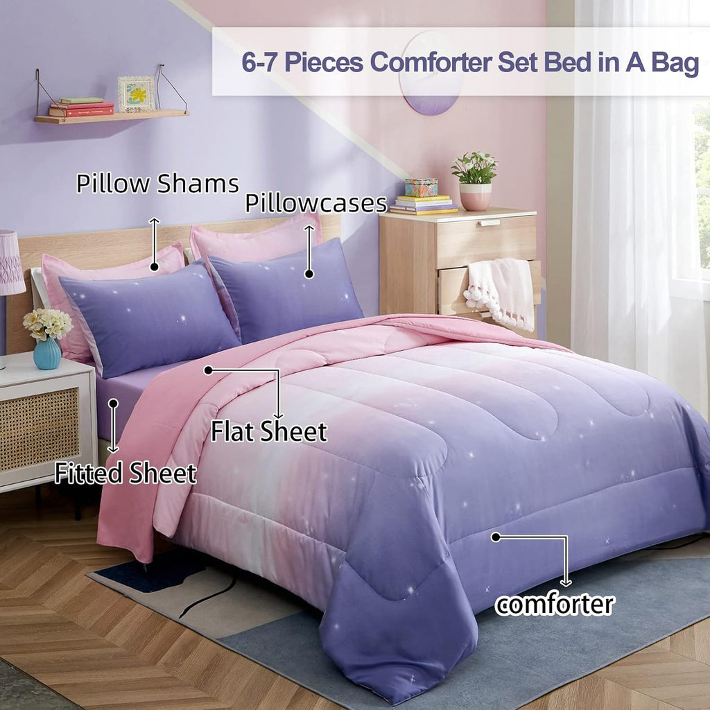 Girls Comforter Set Twin XL/Full Colorful Ombre Pink Rainbow Bedding Set Bed in A Bag for Kid Teen Girls 7 PC (1