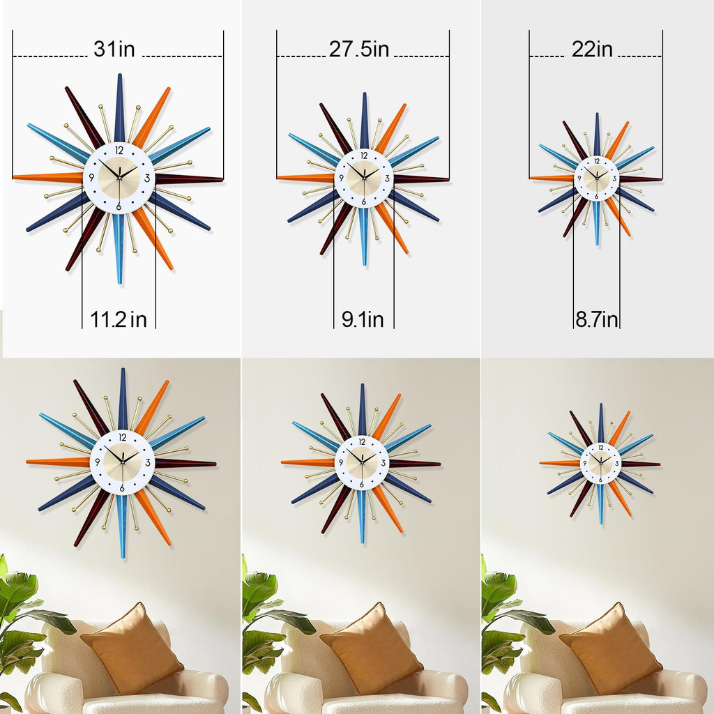 Large Wall Clock 22 Inch Modern Wall Clock Starburst Mid-Century Modern Decor Non-Ticking Battery Operated Colorful