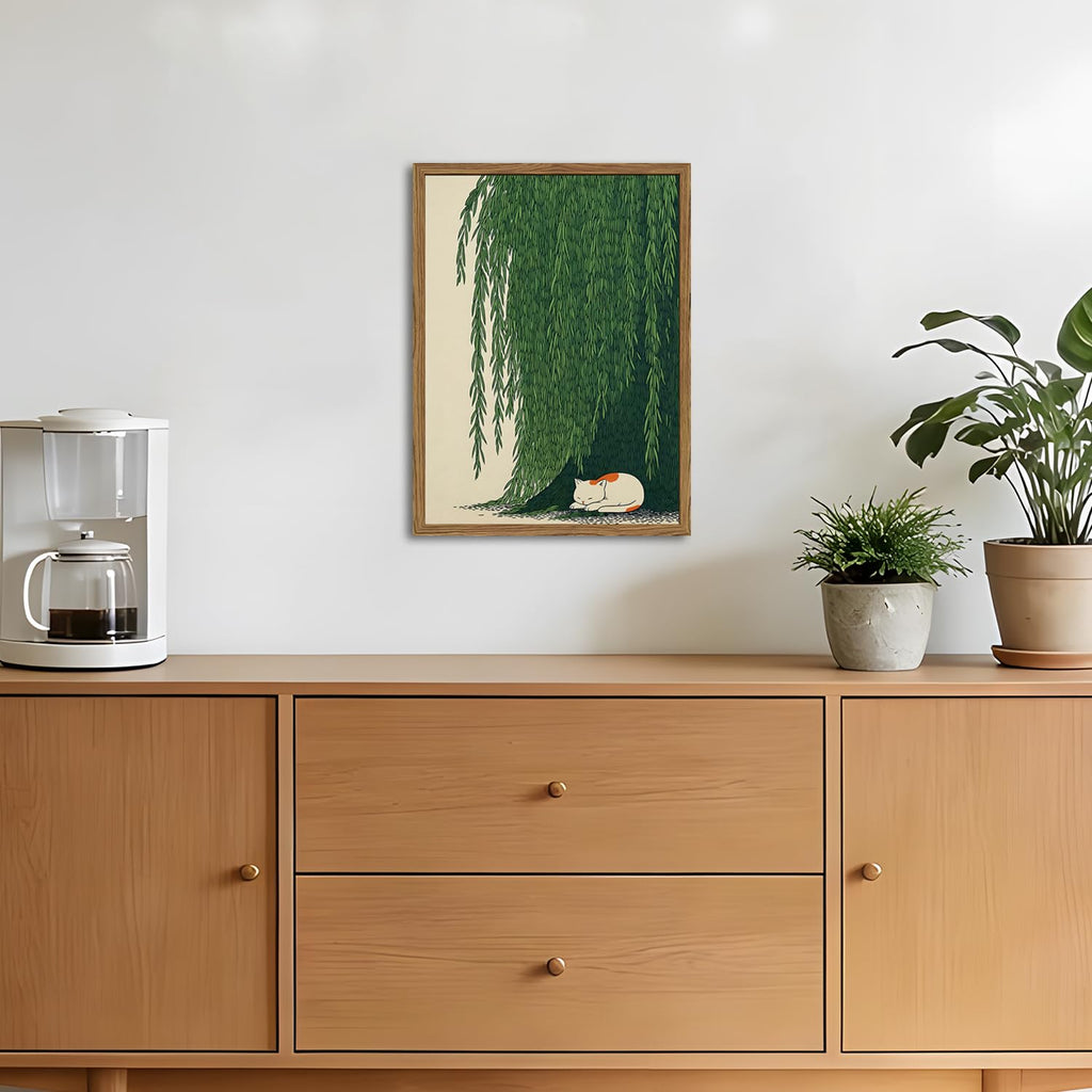 Japanese Cat Wall Art, Cat Under Willow Tree Wall Decor Painting Japan Zen Calm Poster Canvas Minimalist Animal
