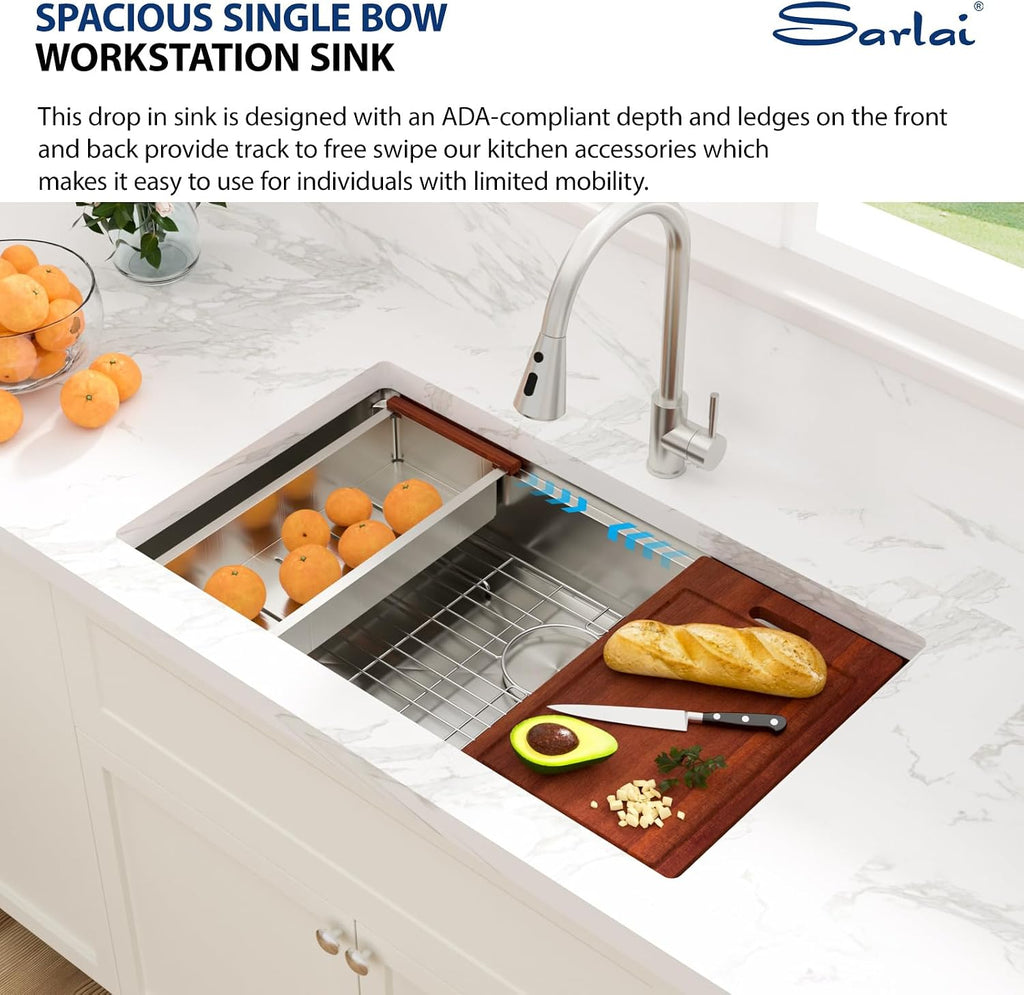 ADA Undermount Kitchen Sink, 32 Inch Undermount Workstation Kitchen Sink 6-Inch Low Depth ADA Compliant Single Bowl