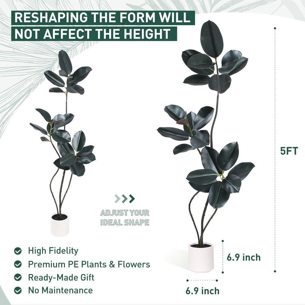 Artificial Rubber Tree Plant -5FT Faux Plants Indoor with Planter, Tall Fake Trees Lifelike Branches & Foliage, Large